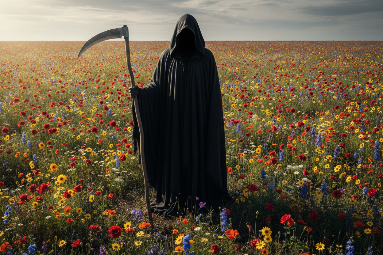 grim reaper in field of flowers